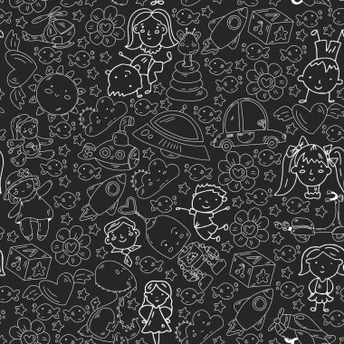 Çocuklar için çizilmiş nesneler. Oyuncaklar, oğlanlar ve kızlar. Anaokulu çocukları. Vektör ana hatları simgeleri