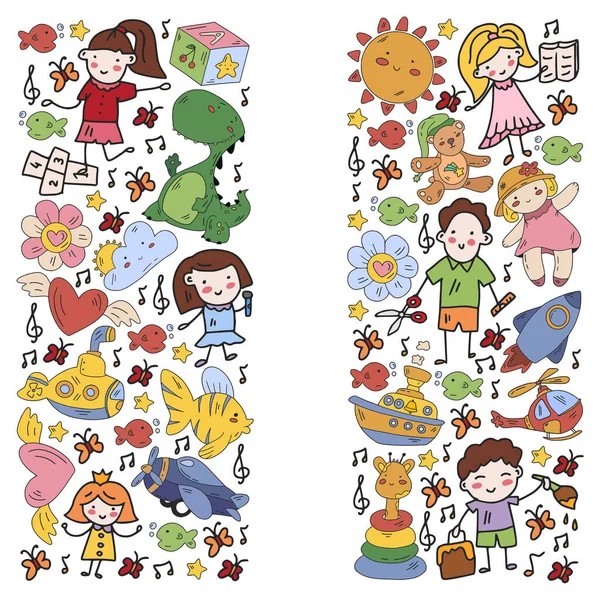 Cartel con lindo dibujo de garabatos de niños felices y preceptos para celebrar el Día de los Niños. Niños de jardín de infantes. — Vector de stock