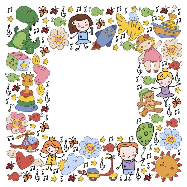 Frame with cute doodle drawing of happy kids and precepts to celebrate Childrens Day. Kindergarten children. — Stock Vector