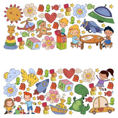 İçinde mutlu çocukların karalama çizimleri olan bir poster ve Çocuk Günü 'nü kutlamak için kurallar. Anaokulu çocukları.