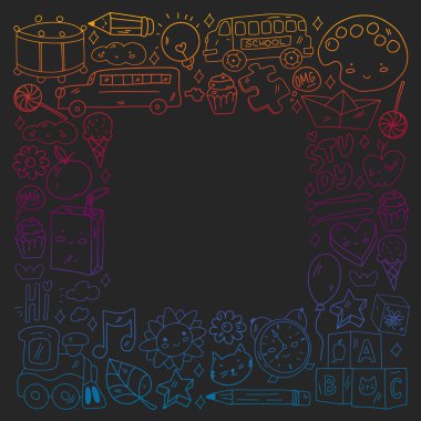 Okul simgeleriyle vektör deseni. İnternet eğitimi, e-öğrenme. Dijital teknoloji.