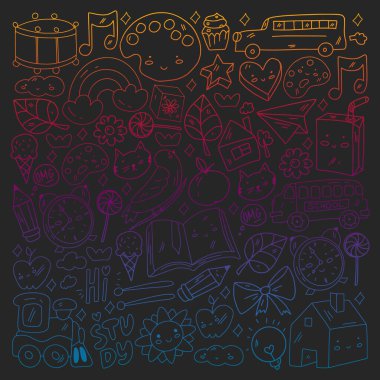 Okul simgeleriyle vektör deseni. İnternet eğitimi, e-öğrenme. Dijital teknoloji.