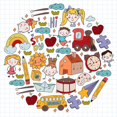 Vektör deseni. Okul ve internet eğitimi. Küçük oğlanlar ve kızlar birlikte oynar ve büyür..