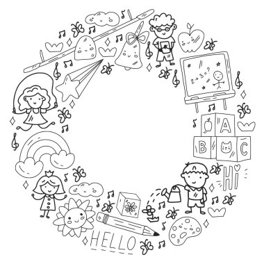 Vektör deseni. Okul ve internet eğitimi. Küçük oğlanlar ve kızlar birlikte oynar ve büyür..