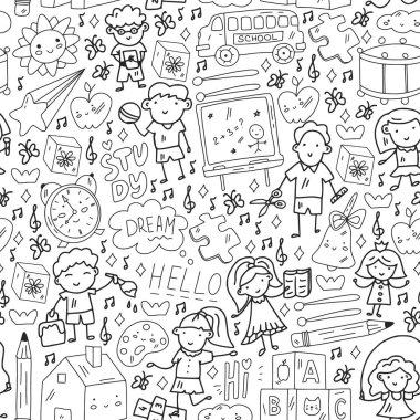 Vektör deseni. Okul ve internet eğitimi. Küçük oğlanlar ve kızlar birlikte oynar ve büyür..