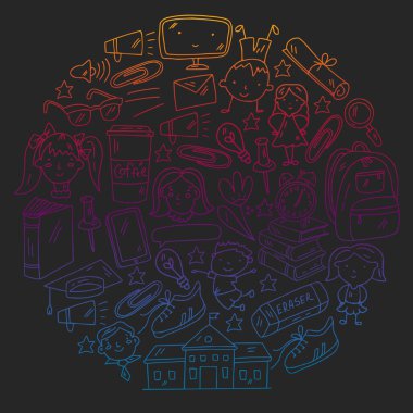 Okul simgeleriyle vektör deseni. İnternet eğitimi, e-öğrenme. Dijital teknoloji.