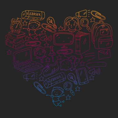 Okul simgeleriyle vektör deseni. İnternet eğitimi, e-öğrenme. Dijital teknoloji.