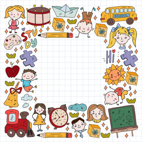 Vector pattern. School and online education. Little boys and girls play and grow together. — Stock Vector