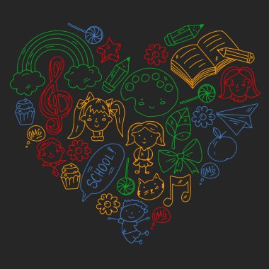 Okul eşyalarıyla vektör deseni. Çevrimiçi internet eğitimi, e-öğrenme.