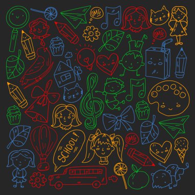 Okul eşyalarıyla vektör deseni. Çevrimiçi internet eğitimi, e-öğrenme.