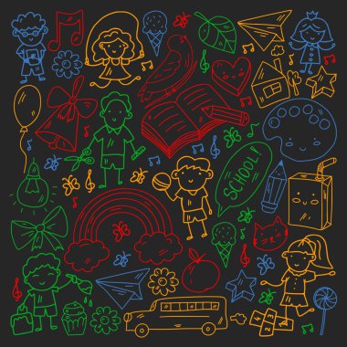 Okul eşyalarıyla vektör deseni. Çevrimiçi internet eğitimi, e-öğrenme.