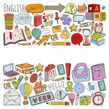 İngilizce öğrenme kavramı. Çevrimiçi dil kursları. E-öğrenme. Vektör simgeleri ile desen.