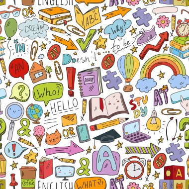 Kusursuz desen. İngilizce öğrenme kavramı. Çevrimiçi dil kursları. E-öğrenme. Vektör simgeleriyle resim.