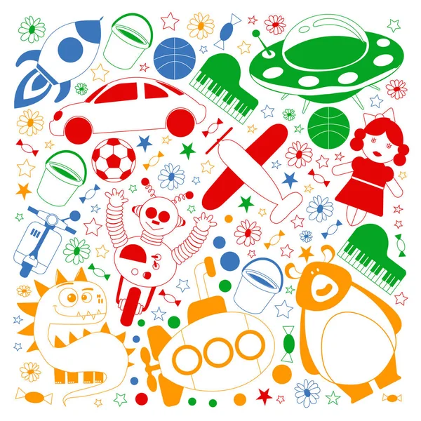 Vectorpatroon met speelgoed voor kinderen. Auto, ufo, alien, vliegtuig, teddybeer. — Stockvector