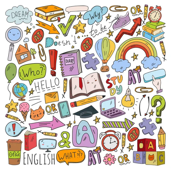 Concept of learning English. Online language courses. E-learning. Pattern with vector icons. — Stock Vector