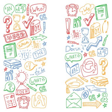 Karalama vektör deseni. İngilizce öğrenmenin illüstrasyonu. E-öğrenme, İnternet eğitimi.