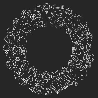 Eğitim simgeleri ayarlandı. Okul ve kolej. Yaratıcılık ve hayal gücü.