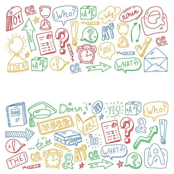 Doodle vector pattern. Illustration of learning English language. E-learning, online education in internet. — Stock Vector