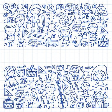 Okul, sevimli vektör çocukların olduğu anaokulu. Dans, şarkı, resim, online eğitim. Yaratıcılık ve hayal gücü.