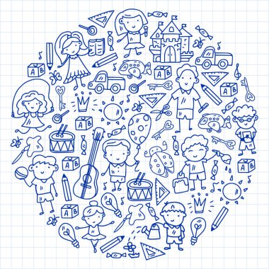 Okul, sevimli vektör çocukların olduğu anaokulu. Dans, şarkı, resim, online eğitim. Yaratıcılık ve hayal gücü.