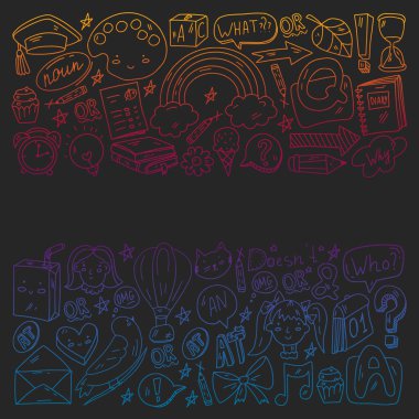 Okula dönelim. Eğitim hakkında ikonlar içeren vektör illüstrasyonu. İngilizce öğrenme. Online internet kursları.