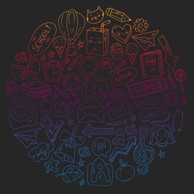 Okula dönelim. Eğitim hakkında ikonlar içeren vektör illüstrasyonu. İngilizce öğrenme. Online internet kursları.