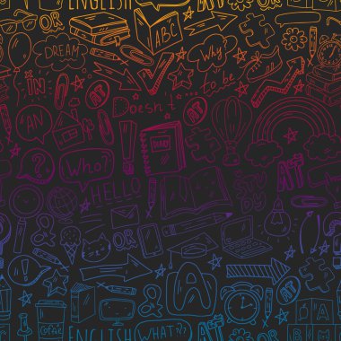 İngilizce öğrenme kavramı. Çevrimiçi dil kursları. E-öğrenme. Vektör simgeleri ile desen.