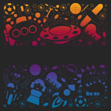 Çocuklar için oyuncaklarla vektör deseni. Araba, UFO, uzaylı, uçak, oyuncak ayı.
