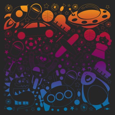 Çocuklar için oyuncaklarla vektör deseni. Araba, UFO, uzaylı, uçak, oyuncak ayı.