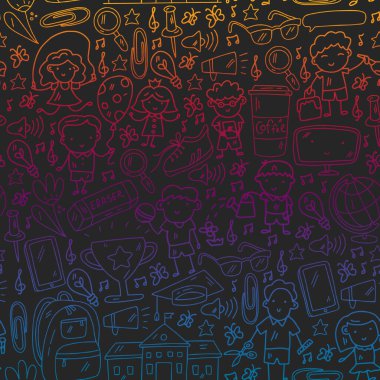 Okul eşyalarıyla vektör deseni. Çevrimiçi internet eğitimi, e-öğrenme.