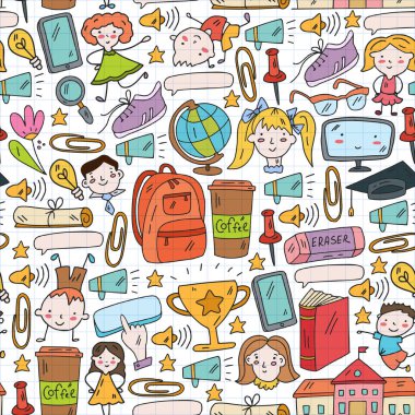 Okul simgeleriyle vektör deseni. İnternet eğitimi, e-öğrenme. Dijital teknoloji.