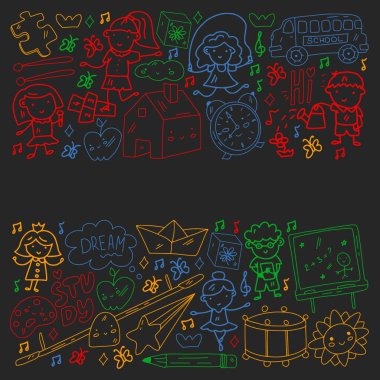 Vektör deseni. Okul ve internet eğitimi. Küçük oğlanlar ve kızlar birlikte oynar ve büyür..