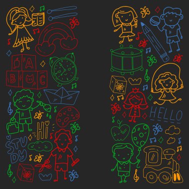 Vektör deseni. Okul ve internet eğitimi. Küçük oğlanlar ve kızlar birlikte oynar ve büyür..