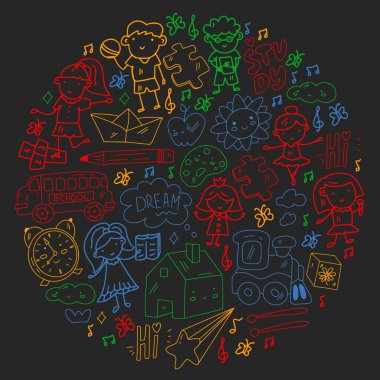 Vektör deseni. Okul ve internet eğitimi. Küçük oğlanlar ve kızlar birlikte oynar ve büyür..