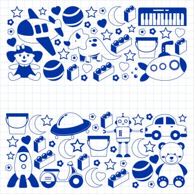 Oyuncak koleksiyonu ile vektör deseni. Bebek, denizaltı, uçak, gemi. Çocuklar ve anaokulu çizimleri.