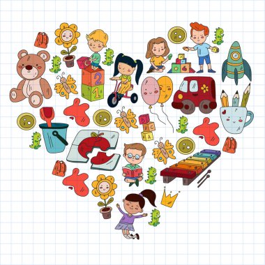 Çocuklar anaokulunda oyuncaklarla oynarlar. Çocuk parkı. Eğitim, yaratıcılık, hayal gücü.