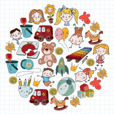 Anaokulu ve oyuncaklar. Küçük bir çocuk oyunu. Çocuk parkı. Eğitim, yaratıcılık, hayal gücü.