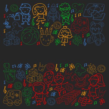 Vektör deseni. Anaokulu ve oyuncaklar. Küçük bir çocuk oyunu. Çocuk parkı. Eğitim, yaratıcılık, hayal gücü.