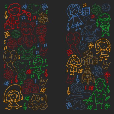 Vektör deseni. Anaokulu ve oyuncaklar. Küçük bir çocuk oyunu. Çocuk parkı. Eğitim, yaratıcılık, hayal gücü.