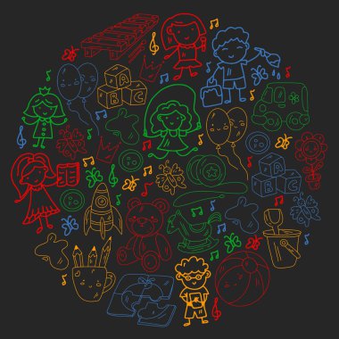 Vektör deseni. Anaokulu ve oyuncaklar. Küçük bir çocuk oyunu. Çocuk parkı. Eğitim, yaratıcılık, hayal gücü.