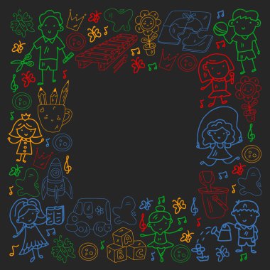 Vektör deseni. Anaokulu ve oyuncaklar. Küçük bir çocuk oyunu. Çocuk parkı. Eğitim, yaratıcılık, hayal gücü.