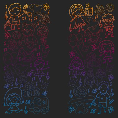 Vektör deseni. Anaokulu ve oyuncaklar. Küçük bir çocuk oyunu. Çocuk parkı. Eğitim, yaratıcılık, hayal gücü.