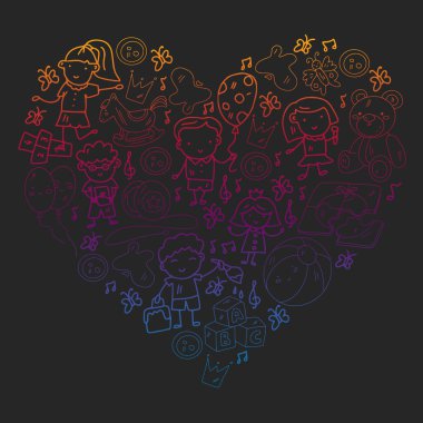 Vektör deseni. Anaokulu ve oyuncaklar. Küçük bir çocuk oyunu. Çocuk parkı. Eğitim, yaratıcılık, hayal gücü.