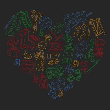 Çocuklar anaokulunda oyuncaklarla oynarlar. Çocuk parkı. Eğitim, yaratıcılık, hayal gücü.