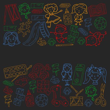 Anaokulu. Oyuncaklar ve küçük çocuklar için vektör deseni. Okul öncesi eğitim.