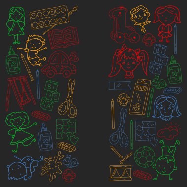 Anaokulu. Oyuncaklar ve küçük çocuklar için vektör deseni. Okul öncesi eğitim.