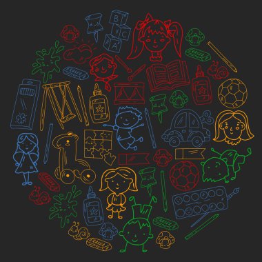 Anaokulu. Oyuncaklar ve küçük çocuklar için vektör deseni. Okul öncesi eğitim.