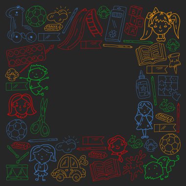 Anaokulu. Oyuncaklar ve küçük çocuklar için vektör deseni. Okul öncesi eğitim.