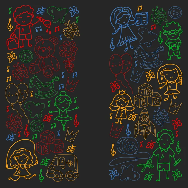 Vektör deseni. Anaokulu ve oyuncaklar. Küçük bir çocuk oyunu. Çocuk parkı. Eğitim, yaratıcılık, hayal gücü.