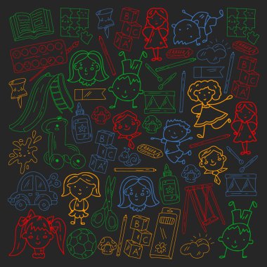 Anaokulu. Oyuncaklar ve küçük çocuklar için vektör deseni. Okul öncesi eğitim.